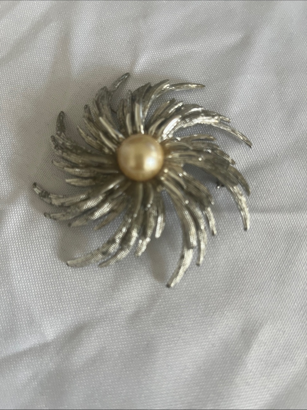 Sarah Coventry Silver-Tone Swirl Brooch with Cream Pearl Center